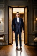 Elegant Purple Suiting Set with Notch Lapel Collar and Cheetah Tie Tack Brooch - Full-Sleeve Blazer, Two Pockets, and Coordinated A-Line Pants