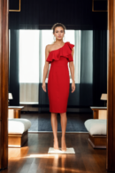 Red Polyester Women's Elegance Sleeveless Bodycon Dress with Neck Ruffle Trim and Back Zipper - Chic Evening Wear for Special Occasions