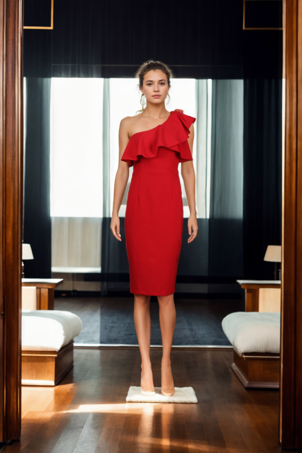 Red Polyester Women's Elegance Sleeveless Bodycon Dress with Neck Ruffle Trim and Back Zipper - Chic Evening Wear for Special Occasions