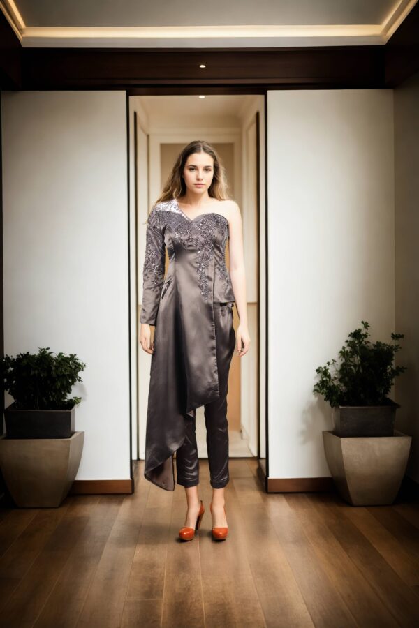 Chic Kendall Charcoal Satin High-Low Overlap Set with Sequined One-Shoulder Top & Plain Pants - Perfect for Formal & Evening Events