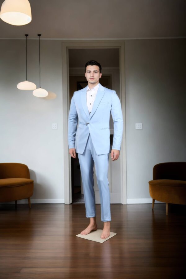 Light Blue Suiting Set with Peak Lapel Collar - Button Closure, Long Sleeves, Two Pockets, Double-Vented Back Hem & A-Line Pants - Image 4