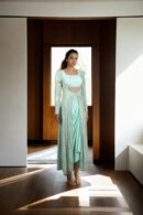 Stunning Spring Green Raw Silk Indo-Western Dhoti Set with Sequin Belt, Sleeveless Blouse & Embellished Long Jacket