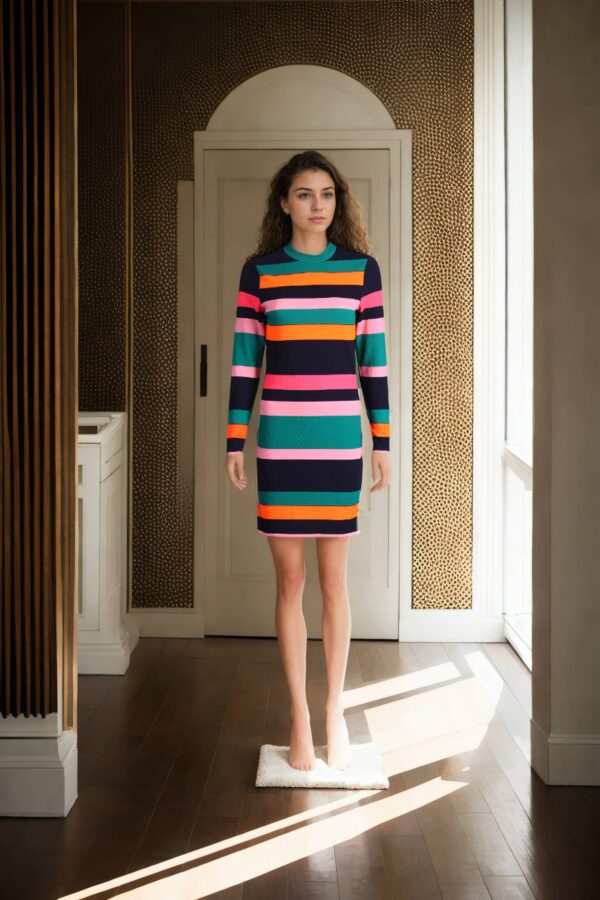 Multicolor Polyester Bodycon Mini Dress with High Neck and Full Sleeves - Trendy Casual Wear