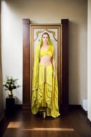 Stunning Yellow Silk Indo-Western Dhoti Dress with Sequin & Thread Work, Gold Lace Dupatta & One-Shoulder Pleated Blouse
