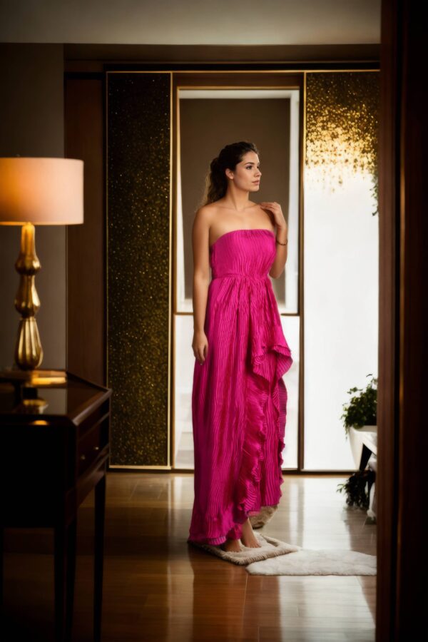 Dark Magenta Strapless Cup Dress with Side Zip Opening and Front High-Low Frills - Elegant Party Dress - Image 2