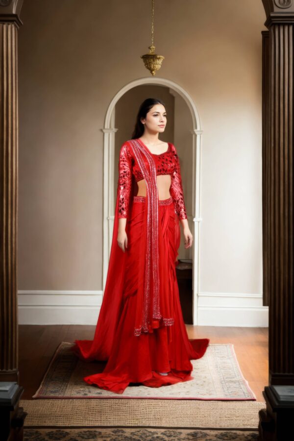 Stunning Red Silk Unique Dhoti Set with Beaded Belt, Net Blouse & Intricate Beadwork - Perfect for Weddings & Formal Events - Image 2