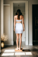 Elegant White Satin Strap Blouse with Square Neckline & Slim Short Skirt with Side Zip
