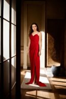Red Velvet Strap Gown with Overlapped Sweetheart Neckline and Front Side Slit - Elegant Evening Wear