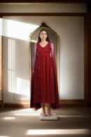 Maroon Net Gown with Sequin Square Design & Unique Full Sleeves - Elegant Evening Wear