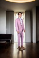 Light Pink Polyester Suit with Net Full Sequin Work - Shawl Collar Design, Full Sleeves, Two Pockets & A-Line Pants