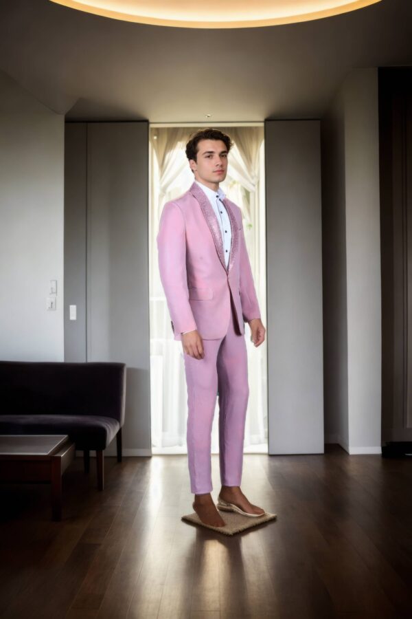 Light Pink Polyester Suit with Net Full Sequin Work - Shawl Collar Design, Full Sleeves, Two Pockets & A-Line Pants - Image 2
