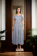 Bright Grey Stretchable Gown with Gold Embellishments - Perfect for Evening Galas & Formal Celebrations