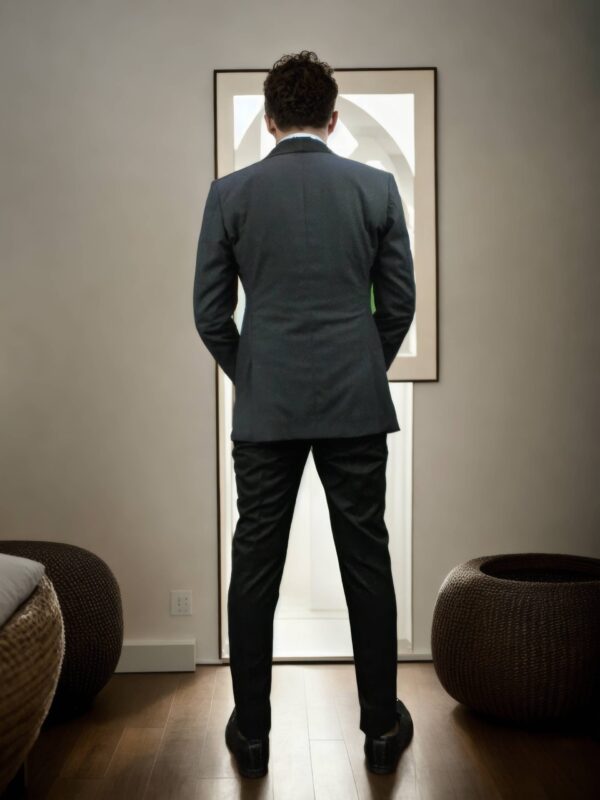 Elegant Navy Blue Self-Textured Shawl Collar Suit Set - Perfect for Weddings & Formal Occasions - Image 3