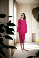 Pink Crepe Western Wear with Unique Drape Design, One-Shoulder, and Full Sleeve Detailing - Elegant Evening Wear