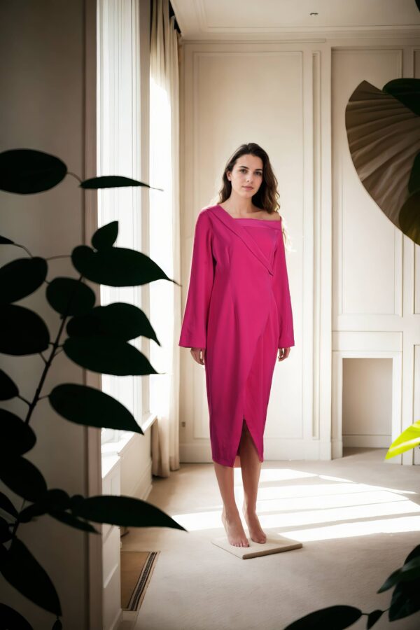 Pink Crepe Western Wear with Unique Drape Design, One-Shoulder, and Full Sleeve Detailing - Elegant Evening Wear - Image 2
