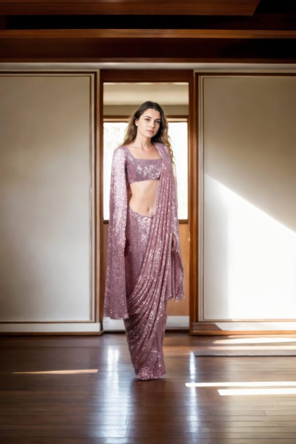 Elegant Pink Sequin Work Readymade Drape Saree with Sleeveless Princess-Cut Blouse & Detachable Sleeves - Perfect for Glamorous Events - Image 4