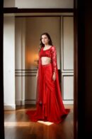 Stunning Red Silk Unique Dhoti Set with Beaded Belt, Net Blouse & Intricate Beadwork - Perfect for Weddings & Formal Events