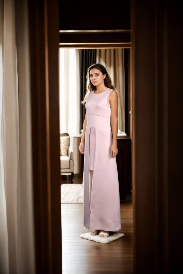 Soft Pink Plush Fabric Sleeveless Western Dress with Round Neckline and Long Length - Comfortable Casual Wear - Image 2