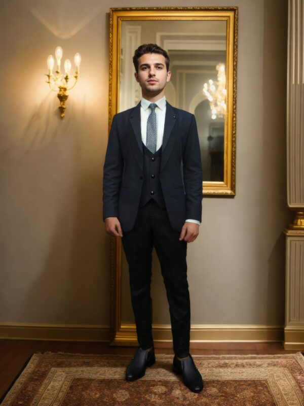 Elegant Navy Blue Self-Textured Shawl Collar Suit Set - Perfect for Weddings & Formal Occasions - Image 2