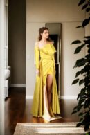 Stunning Yellow Silk Western Gown with Short Length, Draping & Pleated Design, Full Sleeves, Off-Shoulder, and Long Trail Details - Perfect for Glamorous Evenings & Special Occasions
