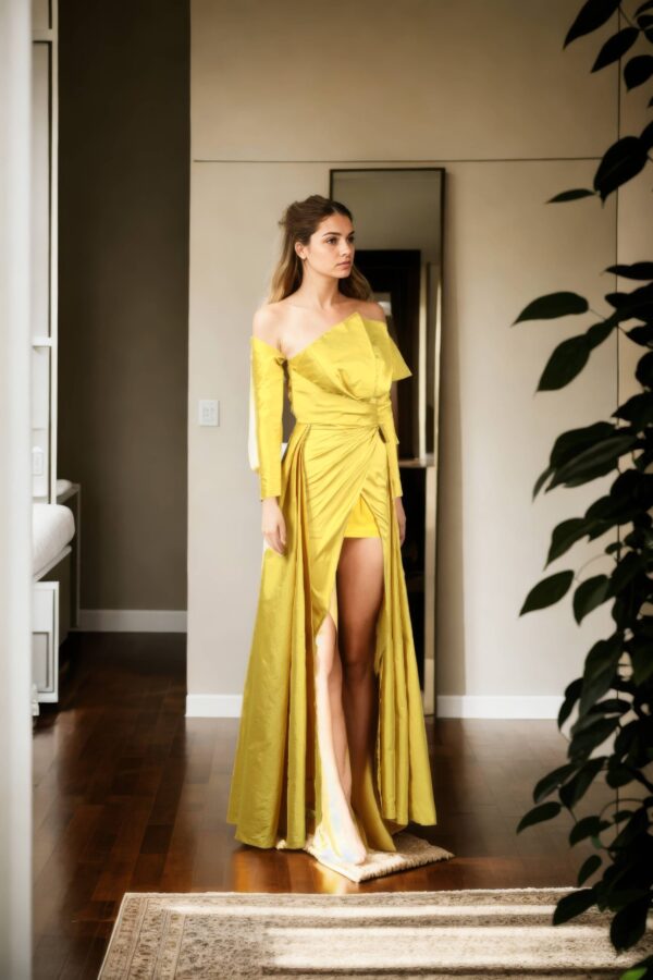 Stunning Yellow Silk Western Gown with Short Length, Draping & Pleated Design, Full Sleeves, Off-Shoulder, and Long Trail Details - Perfect for Glamorous Evenings & Special Occasions - Image 4