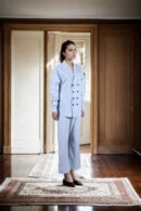 Luxurious Grey Suiting Fabric Double-Breasted Blazer with Peaked Lapel Collar and Full Sleeves, Paired with Straight Leg Trouser - Perfect for Professional & Formal Occasions