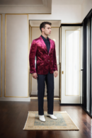 Luxurious Rani Pink Velvet Blazer - Printed Design, Notched Collar & Full Sleeves