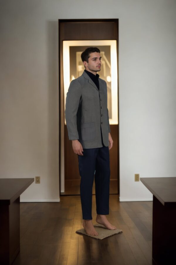 Double-Breasted Military Green Melange Blazer with Lapel Collar - Perfect for Weddings & Formal Events - Image 2