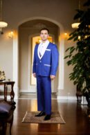 Boys' Blue Cotton-Polyester Slim-Fit 3-Piece Tuxedo - White Shawl Collar, Single-Breasted Blazer with Three Pockets, Full Sleeves & Double-Vented Back Hem