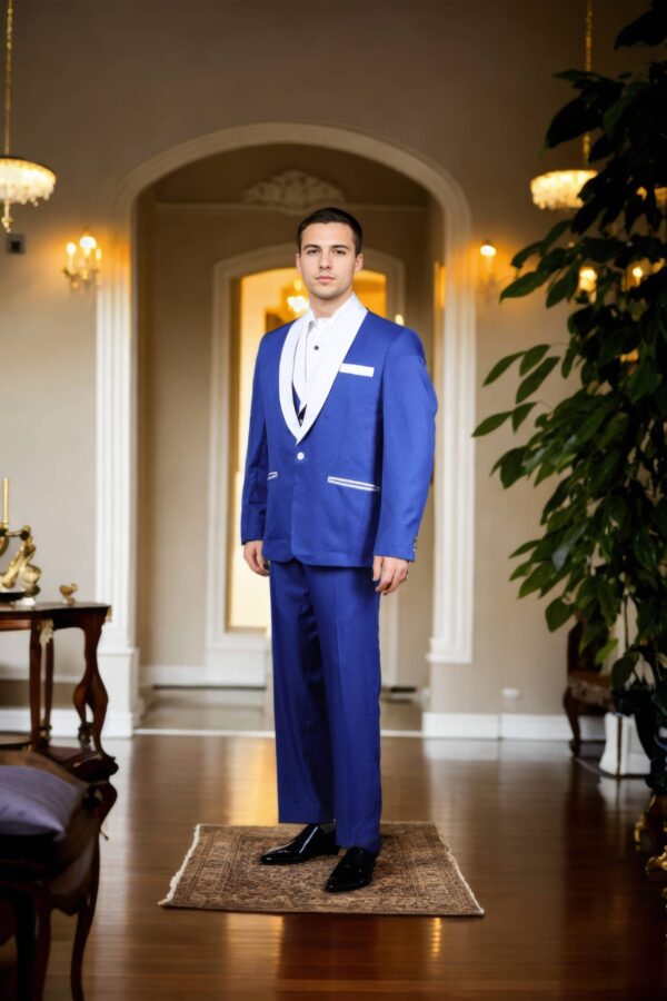 Boys' Blue Cotton-Polyester Slim-Fit 3-Piece Tuxedo - White Shawl Collar, Single-Breasted Blazer with Three Pockets, Full Sleeves & Double-Vented Back Hem - Image 2