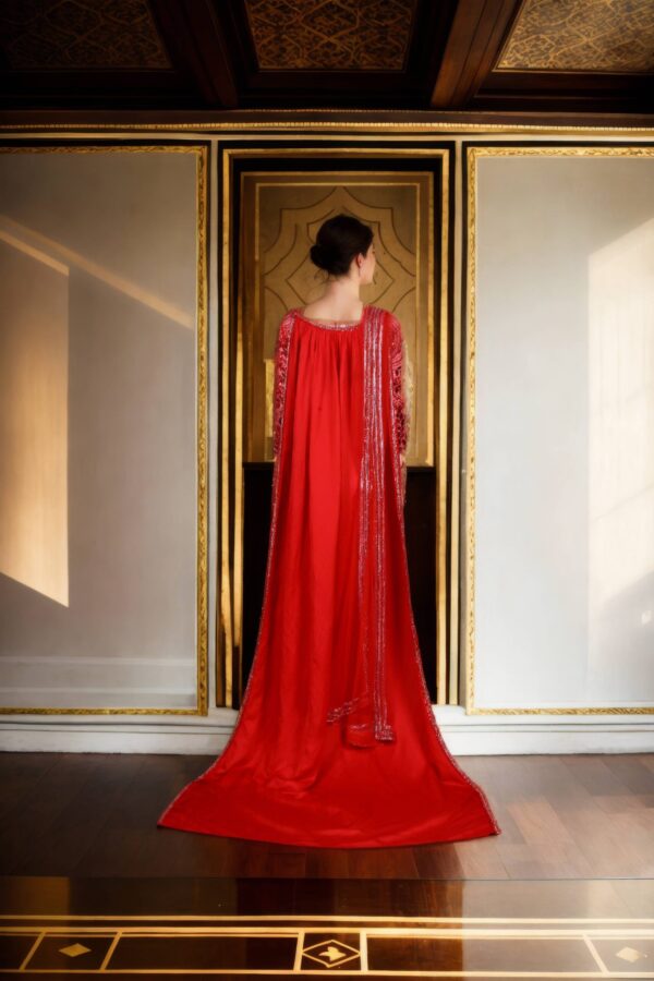 Stunning Red Silk Unique Dhoti Set with Beaded Belt, Net Blouse & Intricate Beadwork - Perfect for Weddings & Formal Events - Image 3