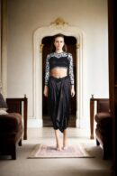 Silk Satin Black Plain Dhoti with Bead Work Belt & Net Blouse - Padded Princess Cut & Full Sleeves
