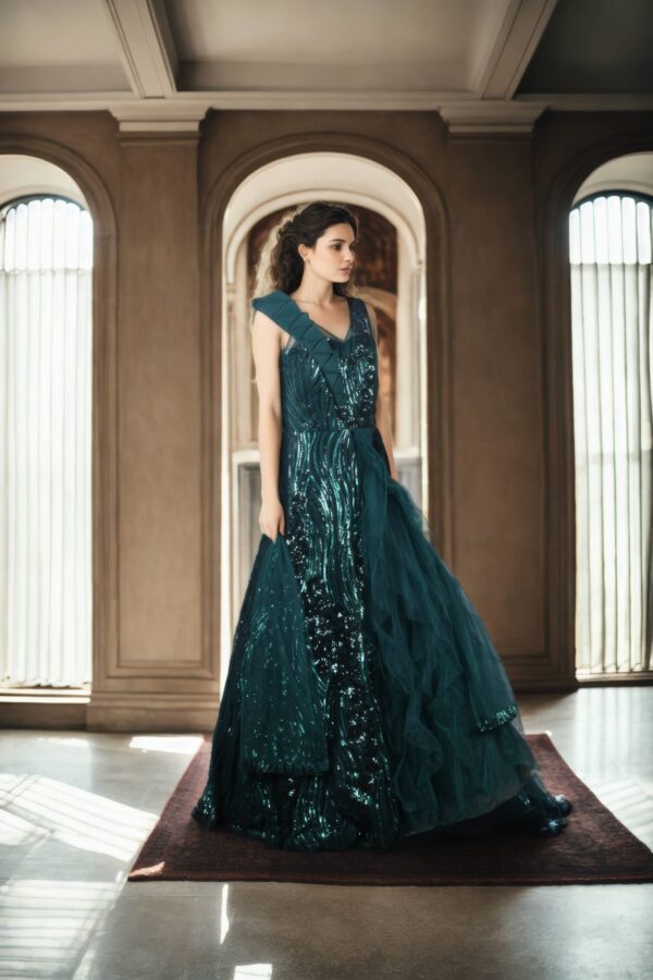 Luxurious Bottle Green Sequin Ball Gown with Illusion Neckline, Cascading Shoulders, A-Line Sequin Bottom, Half-Neck Net Frill Sleeveless, and Net Plain Dupatta with Sequin Border - Perfect for Weddings & Grand Events - Image 4