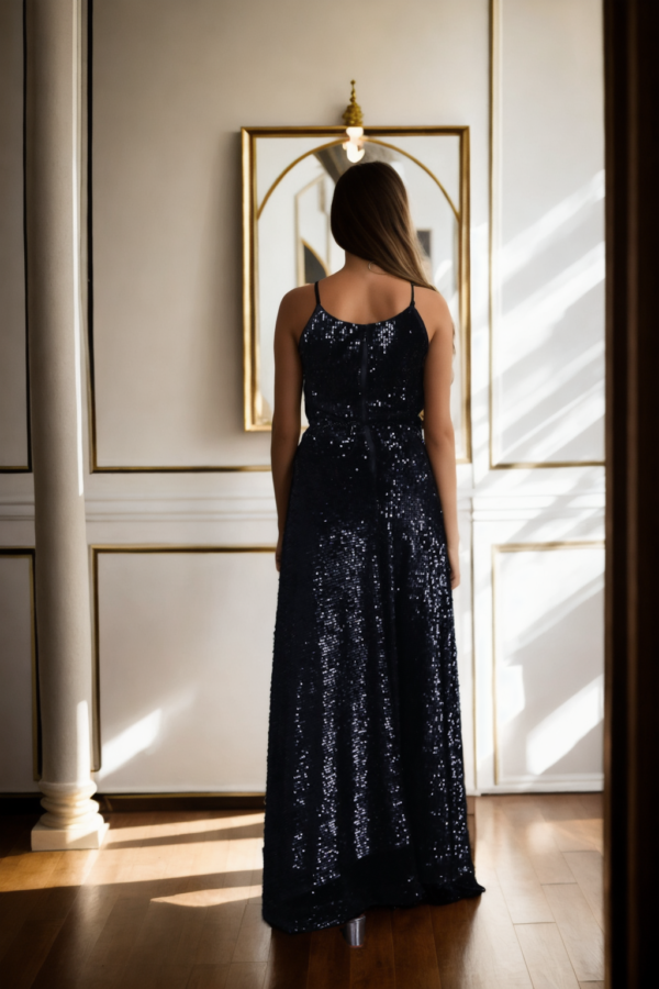 Black Full Sequin Sleeveless Halter Neck Bodycon Maxi Dress with Thigh-High Slit & Beaded Belt Design - Image 3