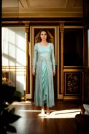 Stunning Spring Green Raw Silk Indo-Western Dhoti Set with Sequin Belt, Sleeveless Blouse & Embellished Long Jacket