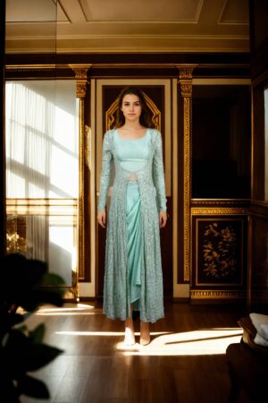 Stunning Spring Green Raw Silk Indo-Western Dhoti Set with Sequin Belt, Sleeveless Blouse & Embellished Long Jacket