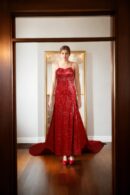 Red Georgette Western Gown with Full Sequin Work, Spaghetti Straps & High Slit - A-Line V-Neckline Floor-Length Prom Gown