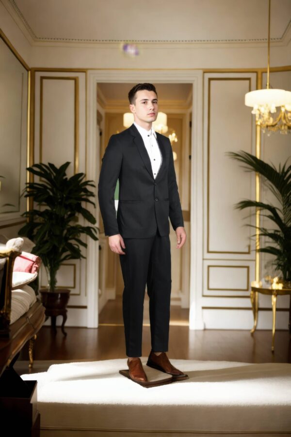 Black Suit in Suiting Fabric with Double Pocket and Notch Lapel Collar - Timeless Power Suit - Image 2