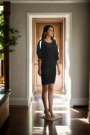 Black Embellished Sheath Dress with Three-Quarter Cutout Sleeves and Above Knee-Length Straight Hem