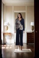 Black Crepecare Self-Design Asymmetric Jumpsuit with V-Neck, Golden Sequin Drape, Long Sleeves, and Two Pockets - Elegant Evening Wear