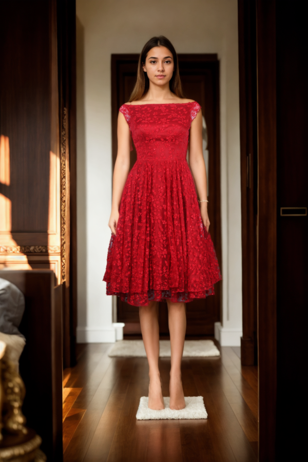 Red Boat Neck Gown with Chikankari Work - Perfect for Traditional and Formal Events