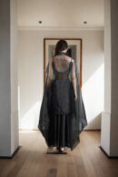 Black Chiffon Silk Pleated Skirt with Side Opening & Plain Strap Tube Blouse  Orange Sequin & Bead Neckline Jacket