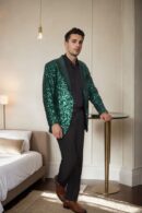 Bottle Green Sequins Blazer with Satin Lapel - Perfect for Weddings & Evening Parties