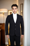 Mens Solid Black Single-Breasted Piqu- Blazer with Notch Lapel - Timeless Elegance & Versatile Styling