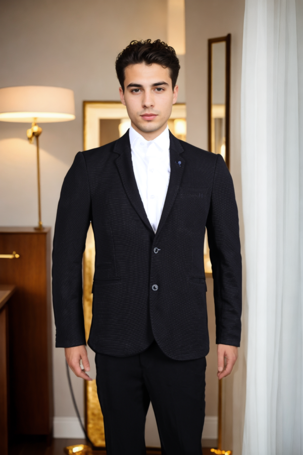 Mens Solid Black Single-Breasted Piqu- Blazer with Notch Lapel - Timeless Elegance & Versatile Styling