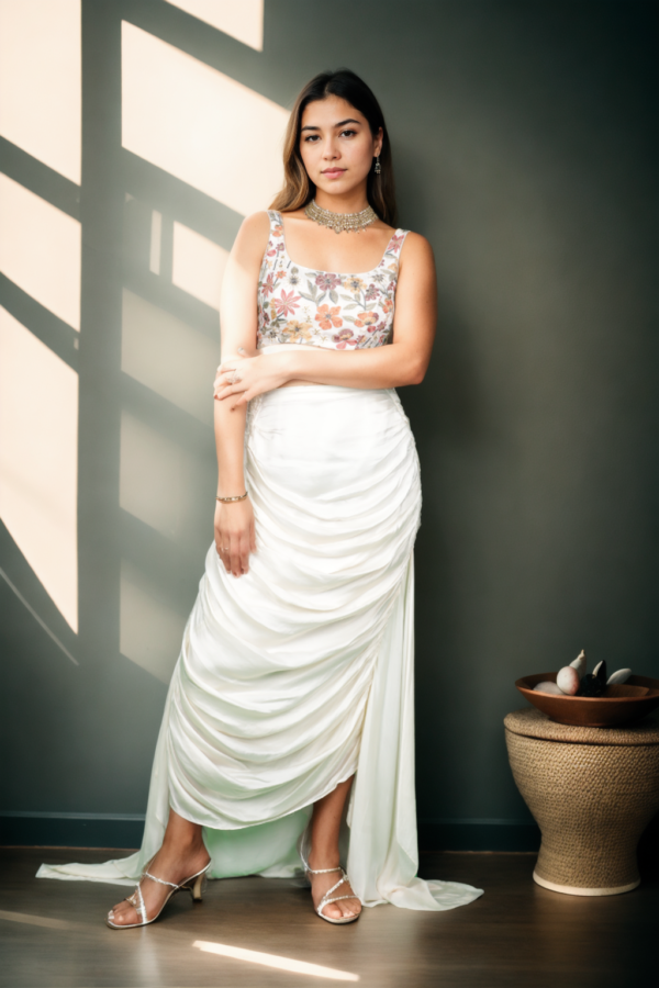 Charming Light Yellow & White Floral Print Gown with Embroidered Jacket - Perfect for Daytime Celebrations - Image 3