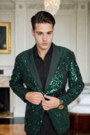 Bottle Green Sequins Blazer with Satin Lapel - Perfect for Weddings & Evening Parties