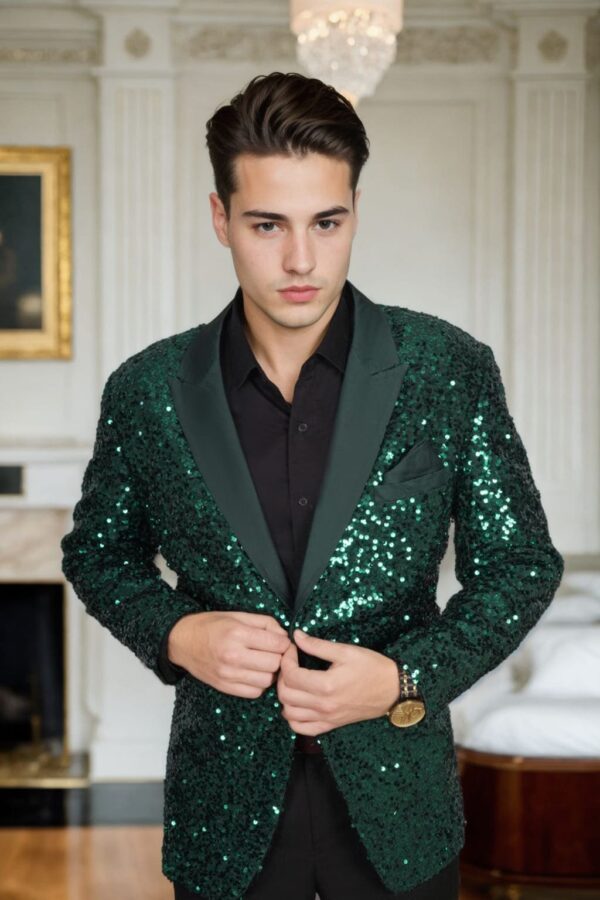 Bottle Green Sequins Blazer with Satin Lapel - Perfect for Weddings & Evening Parties
