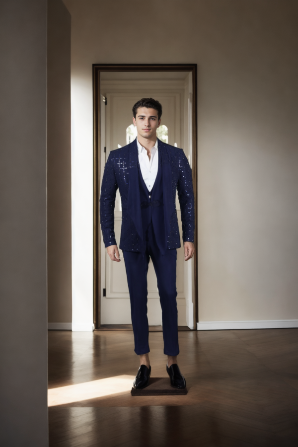 Luxurious Navy Blue Mink Fabric Suit with Sequin Net Front - Perfect for Weddings & Gala Events - Image 2