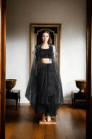 Black Chiffon Silk Pleated Skirt with Side Opening & Plain Strap Tube Blouse  Orange Sequin & Bead Neckline Jacket